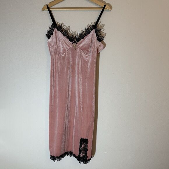 Y2K Slip Dress Women XL Pink Velour Lace Trim Babydoll Fairy Camisole Goth 90s - Picture 1 of 10